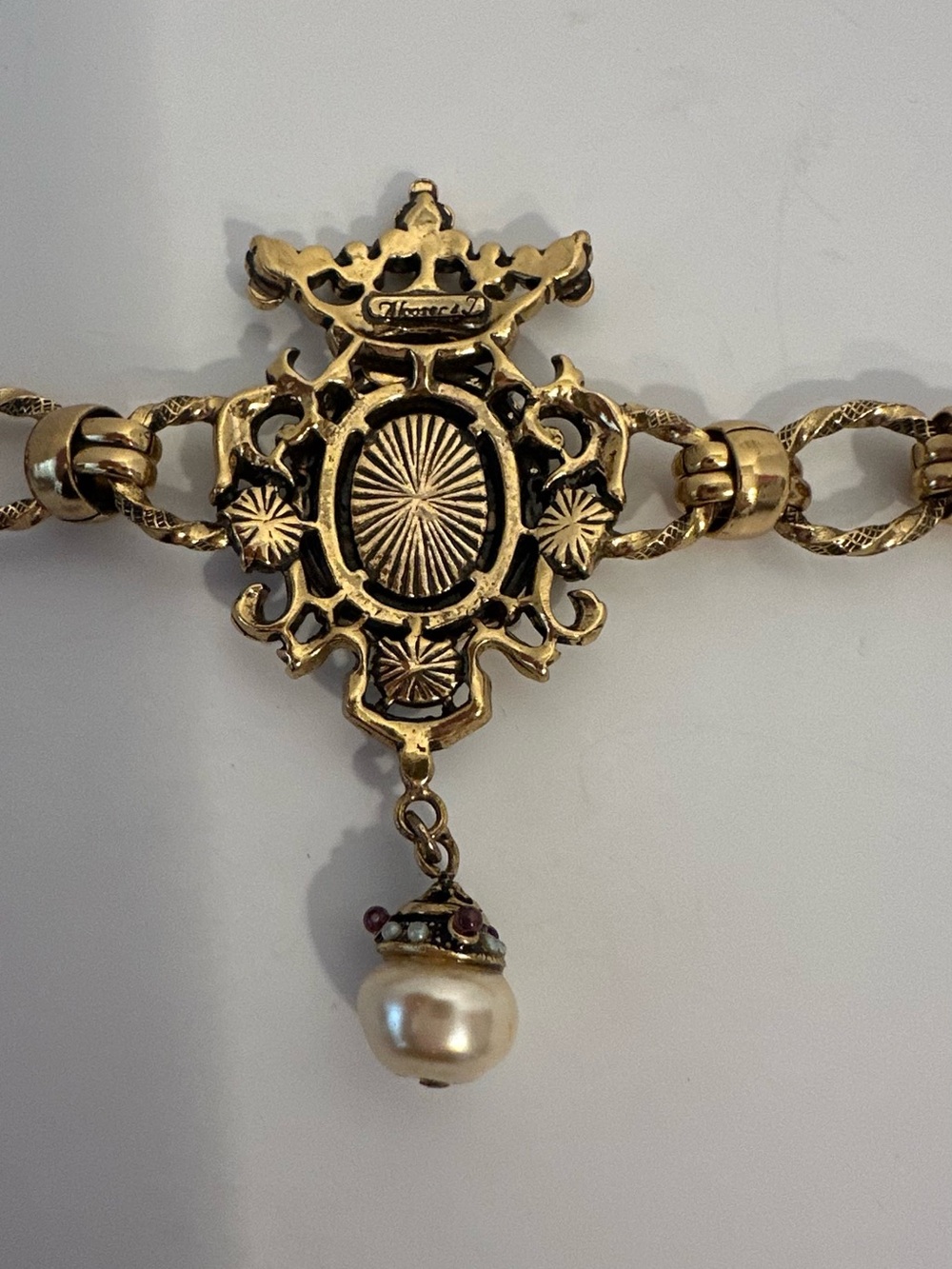 Gold-Tone Crest Bracelet with Red, Green & Pearl Drop - Picture 11 of 12